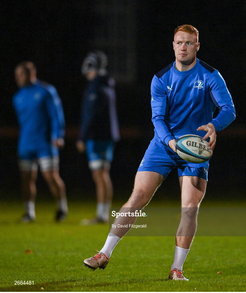 7 November 2023; Ciarán Frawley during a Leinster rugby open training session at Dublin University Football Club in Trinity College, Dublin. Photo by David Fitzgerald/Sportsfile