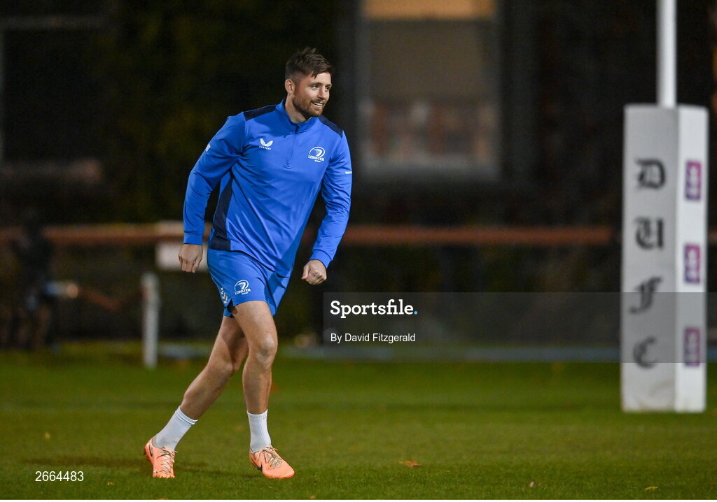 7 November 2023; Ross Byrne during a Leinster rugby open training session at Dublin University Football Club in Trinity College, Dublin. Photo by David Fitzgerald/Sportsfile