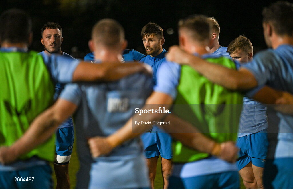 7 November 2023; Ross Byrne, centre, during a Leinster rugby open training session at Dublin University Football Club in Trinity College, Dublin. Photo by David Fitzgerald/Sportsfile