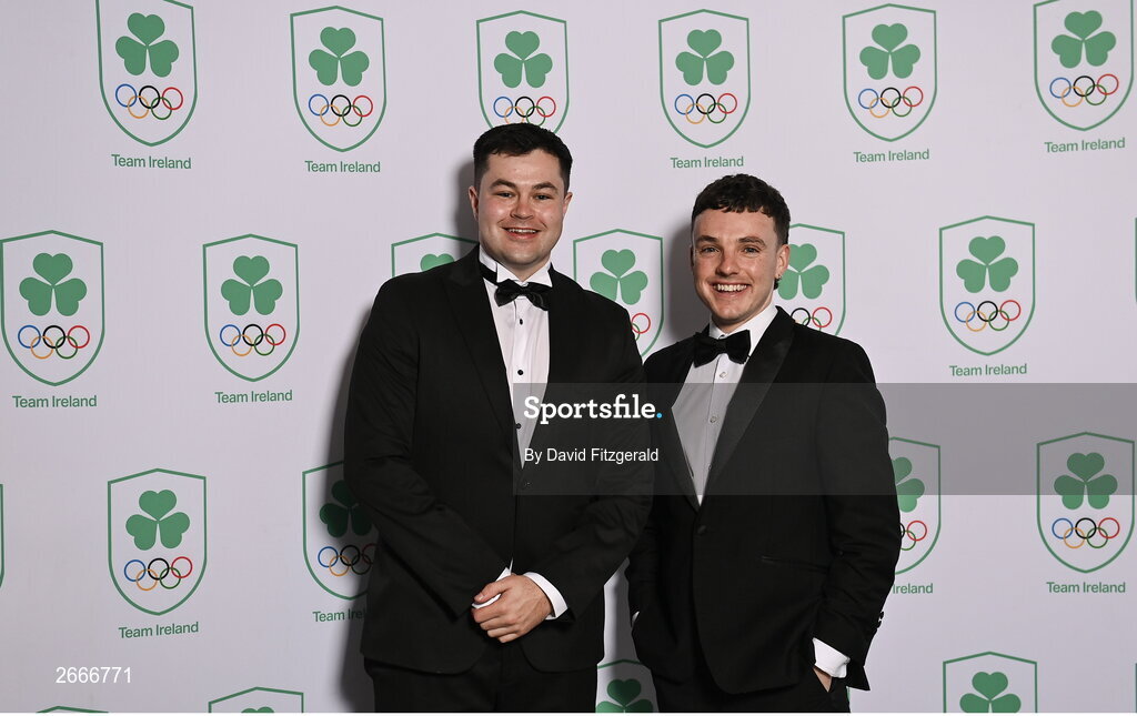 11 November 2023; Olympic Federation of Ireland sports performance service manager, Martin MacNamee, left, and Olympic Federation of Ireland social media & communications executive Kieran Jackson, in attendance at the Team Ireland Olympic Ball at the Mansion House in Dublin. The event was a joint celebration of the brilliant performances of Team Ireland athletes at the European Games this summer, as well as the announcement of the winners of the Olympic Federation of Ireland Annual Awards. The event was attended by the Minister for Tourism, Culture, Arts, Gaeltacht, Sport and Media, Catherine Martin TD, Minister of State for Sport and Physical Education, Thomas Byrne TD, Olympic medallists, European Games athletes, Team Ireland Sponsors and Partners, Sport Ireland and the wider Olympic family. Photo by David Fitzgerald/Sportsfile
