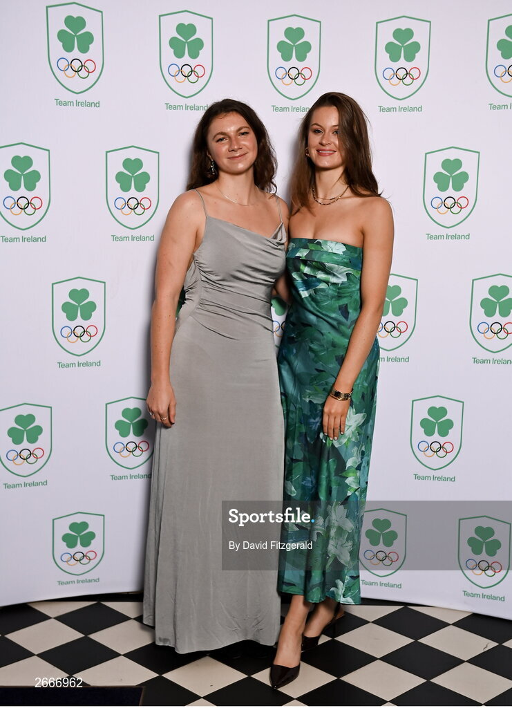 11 November 2023; Hanna D'Aughton, left, and Isobel Radford-Dodd in attendance at the Team Ireland Olympic Ball at the Mansion House in Dublin. The event was a joint celebration of the brilliant performances of Team Ireland athletes at the European Games this summer, as well as the announcement of the winners of the Olympic Federation of Ireland Annual Awards. The event was attended by the Minister for Tourism, Culture, Arts, Gaeltacht, Sport and Media, Catherine Martin TD, Minister of State for Sport and Physical Education, Thomas Byrne TD, Olympic medallists, European Games athletes, Team Ireland Sponsors and Partners, Sport Ireland and the wider Olympic family. Photo by David Fitzgerald/Sportsfile