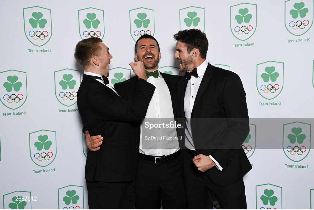 11 November 2023; Olympians, from left, Terry Kennedy, Harry McNulty, and Jack Kelly in attendance at the Team Ireland Olympic Ball at the Mansion House in Dublin. The event was a joint celebration of the brilliant performances of Team Ireland athletes at the European Games this summer, as well as the announcement of the winners of the Olympic Federation of Ireland Annual Awards. The event was attended by the Minister for Tourism, Culture, Arts, Gaeltacht, Sport and Media, Catherine Martin TD, Minister of State for Sport and Physical Education, Thomas Byrne TD, Olympic medallists, European Games athletes, Team Ireland Sponsors and Partners, Sport Ireland and the wider Olympic family. Photo by David Fitzgerald/Sportsfile