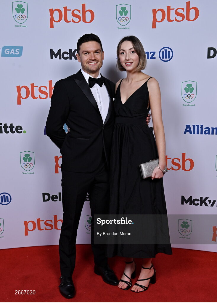 11 November 2023; Canoeist Sam Curtis and Rianne Hannon in attendance at the Team Ireland Olympic Ball at the Mansion House in Dublin. The event was a joint celebration of the brilliant performances of Team Ireland athletes at the European Games this summer, as well as the announcement of the winners of the Olympic Federation of Ireland Annual Awards. The event was attended by the Minister for Tourism, Culture, Arts, Gaeltacht, Sport and Media, Catherine Martin TD, Minister of State for Sport and Physical Education, Thomas Byrne TD, Olympic medallists, European Games athletes, Team Ireland Sponsors and Partners, Sport Ireland and the wider Olympic family. Photo by Brendan Moran/Sportsfile