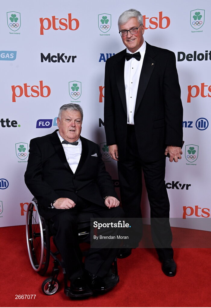 11 November 2023;  Irish Sailing president John Twomey, left, and Chairperson of the Olympic Steering group of Irish Sailing John Menton in attendance at the Team Ireland Olympic Ball at the Mansion House in Dublin. The event was a joint celebration of the brilliant performances of Team Ireland athletes at the European Games this summer, as well as the announcement of the winners of the Olympic Federation of Ireland Annual Awards. The event was attended by the Minister for Tourism, Culture, Arts, Gaeltacht, Sport and Media, Catherine Martin TD, Minister of State for Sport and Physical Education, Thomas Byrne TD, Olympic medallists, European Games athletes, Team Ireland Sponsors and Partners, Sport Ireland and the wider Olympic family. Photo by Brendan Moran/Sportsfile