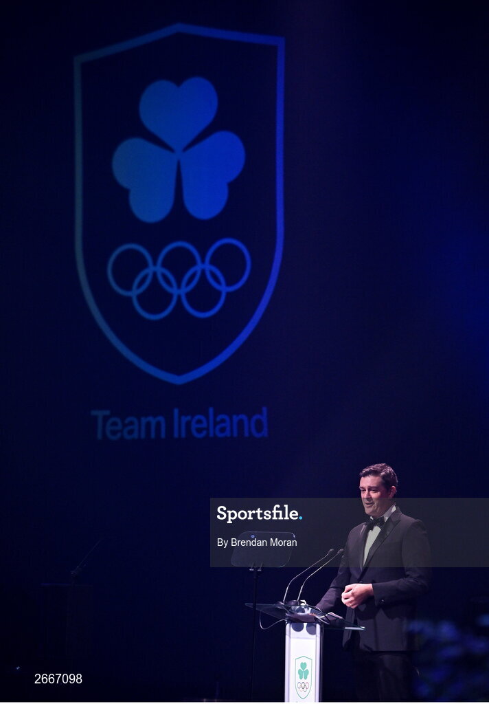 11 November 2023; Olympic Federation of Ireland chief executive Peter Sherrard speaking during the Team Ireland Olympic Ball at the Mansion House in Dublin. The event was a joint celebration of the brilliant performances of Team Ireland athletes at the European Games this summer, as well as the announcement of the winners of the Olympic Federation of Ireland Annual Awards. The event was attended by the Minister for Tourism, Culture, Arts, Gaeltacht, Sport and Media, Catherine Martin TD, Minister of State for Sport and Physical Education, Thomas Byrne TD, Olympic medallists, European Games athletes, Team Ireland Sponsors and Partners, Sport Ireland and the wider Olympic family. Photo by Brendan Moran/Sportsfile