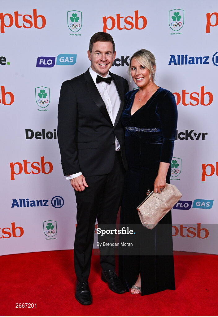 11 November 2023; Olympian Eoin Rheinisch and his wife Ciara in attendance at the Team Ireland Olympic Ball at the Mansion House in Dublin. The event was a joint celebration of the brilliant performances of Team Ireland athletes at the European Games this summer, as well as the announcement of the winners of the Olympic Federation of Ireland Annual Awards. The event was attended by the Minister for Tourism, Culture, Arts, Gaeltacht, Sport and Media, Catherine Martin TD, Minister of State for Sport and Physical Education, Thomas Byrne TD, Olympic medallists, European Games athletes, Team Ireland Sponsors and Partners, Sport Ireland and the wider Olympic family. Photo by Brendan Moran/Sportsfile