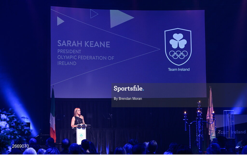 11 November 2023; Olympic Federation of Ireland president, Sarah Keane speaking at the Team Ireland Olympic Ball at the Mansion House in Dublin. The event was a joint celebration of the brilliant performances of Team Ireland athletes at the European Games this summer, as well as the announcement of the winners of the Olympic Federation of Ireland Annual Awards. The event was attended by the Minister for Tourism, Culture, Arts, Gaeltacht, Sport and Media, Catherine Martin TD, Minister of State for Sport and Physical Education, Thomas Byrne TD, Olympic medallists, European Games athletes, Team Ireland Sponsors and Partners, Sport Ireland and the wider Olympic family. Photo by Brendan Moran/Sportsfile