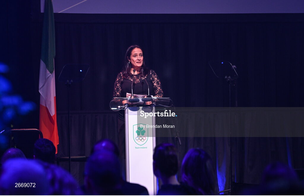 11 November 2023; Minister for Tourism, Culture, Arts, Gaeltacht, Sport and Media, Catherine Martin TD speaking at the Team Ireland Olympic Ball at the Mansion House in Dublin. The event was a joint celebration of the brilliant performances of Team Ireland athletes at the European Games this summer, as well as the announcement of the winners of the Olympic Federation of Ireland Annual Awards. The event was attended by the Minister for Tourism, Culture, Arts, Gaeltacht, Sport and Media, Catherine Martin TD, Minister of State for Sport and Physical Education, Thomas Byrne TD, Olympic medallists, European Games athletes, Team Ireland Sponsors and Partners, Sport Ireland and the wider Olympic family. Photo by Brendan Moran/Sportsfile