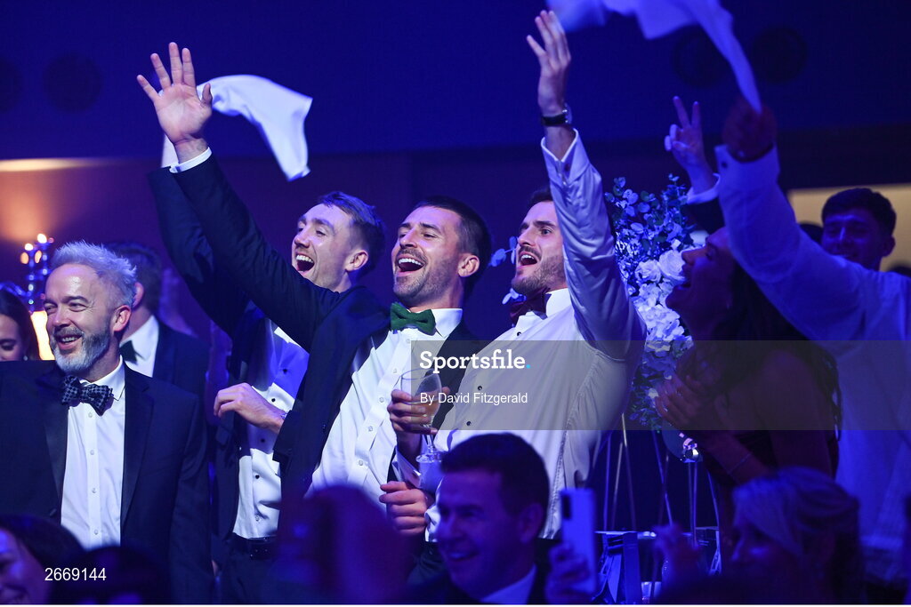 11 November 2023; The rugby 7s team sing along as team-mate Billy Dardis performs with The Galway Tenors at the Team Ireland Olympic Ball at the Mansion House in Dublin. The event was a joint celebration of the brilliant performances of Team Ireland athletes at the European Games this summer, as well as the announcement of the winners of the Olympic Federation of Ireland Annual Awards. The event was attended by the Minister for Tourism, Culture, Arts, Gaeltacht, Sport and Media, Catherine Martin TD, Minister of State for Sport and Physical Education, Thomas Byrne TD, Olympic medallists, European Games athletes, Team Ireland Sponsors and Partners, Sport Ireland and the wider Olympic family. Photo by David Fitzgerald/Sportsfile