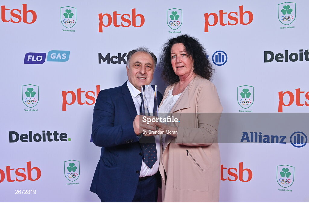 11 November 2023; President's award winner and Ireland boxing head coach Zaur Antia with Irish Athletic Boxing Association performance director Patricia Heberle at the Team Ireland Olympic Ball at the Mansion House in Dublin. The event was a joint celebration of the brilliant performances of Team Ireland athletes at the European Games this summer, as well as the announcement of the winners of the Olympic Federation of Ireland Annual Awards. The event was attended by the Minister for Tourism, Culture, Arts, Gaeltacht, Sport and Media, Catherine Martin TD, Minister of State for Sport and Physical Education, Thomas Byrne TD, Olympic medallists, European Games athletes, Team Ireland Sponsors and Partners, Sport Ireland and the wider Olympic family. Photo by Brendan Moran/Sportsfile