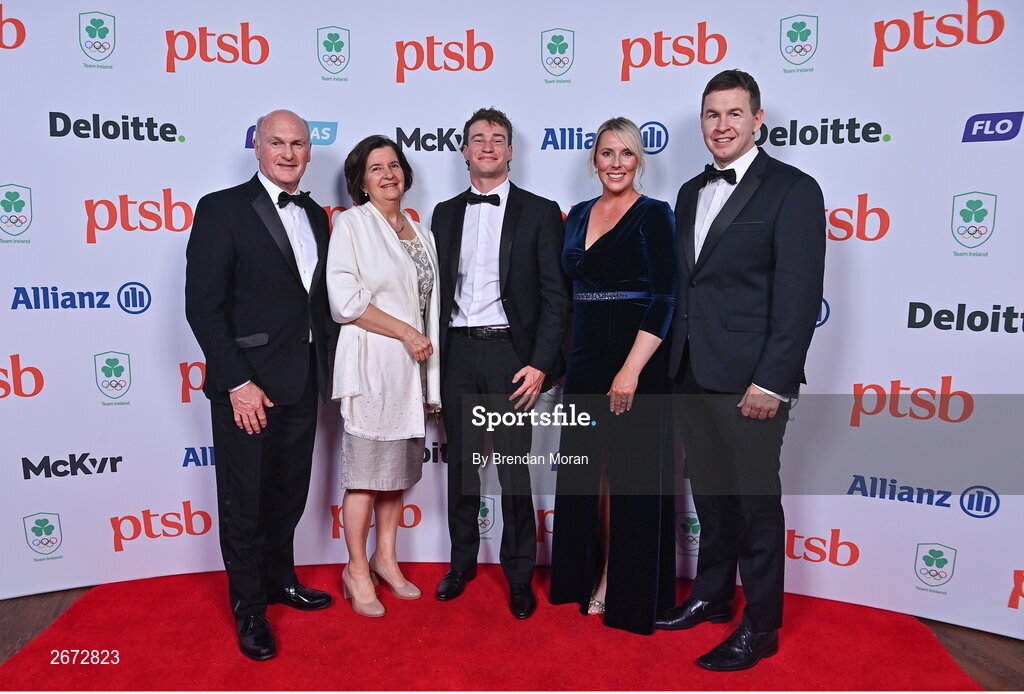 11 November 2023; In attendance at the Team Ireland Olympic Ball at the Mansion House in Dublin, from left, Pat and Lourdes Hendrick, Noel Hendrick and Ciara and Eoin Rheinisch. The event was a joint celebration of the brilliant performances of Team Ireland athletes at the European Games this summer, as well as the announcement of the winners of the Olympic Federation of Ireland Annual Awards. The event was attended by the Minister for Tourism, Culture, Arts, Gaeltacht, Sport and Media, Catherine Martin TD, Minister of State for Sport and Physical Education, Thomas Byrne TD, Olympic medallists, European Games athletes, Team Ireland Sponsors and Partners, Sport Ireland and the wider Olympic family. Photo by Brendan Moran/Sportsfile