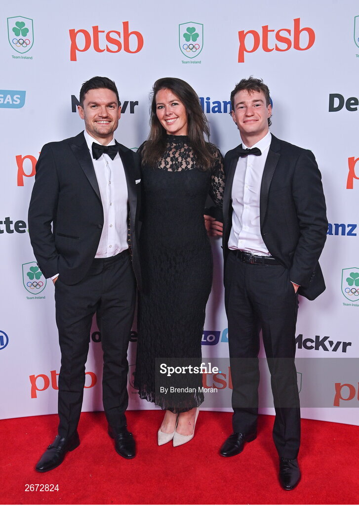 11 November 2023; Canoeists Sam Curtis, Jenny Egan and Noel Hendrick in attendance at the Team Ireland Olympic Ball at the Mansion House in Dublin. The event was a joint celebration of the brilliant performances of Team Ireland athletes at the European Games this summer, as well as the announcement of the winners of the Olympic Federation of Ireland Annual Awards. The event was attended by the Minister for Tourism, Culture, Arts, Gaeltacht, Sport and Media, Catherine Martin TD, Minister of State for Sport and Physical Education, Thomas Byrne TD, Olympic medallists, European Games athletes, Team Ireland Sponsors and Partners, Sport Ireland and the wider Olympic family. Photo by Brendan Moran/Sportsfile