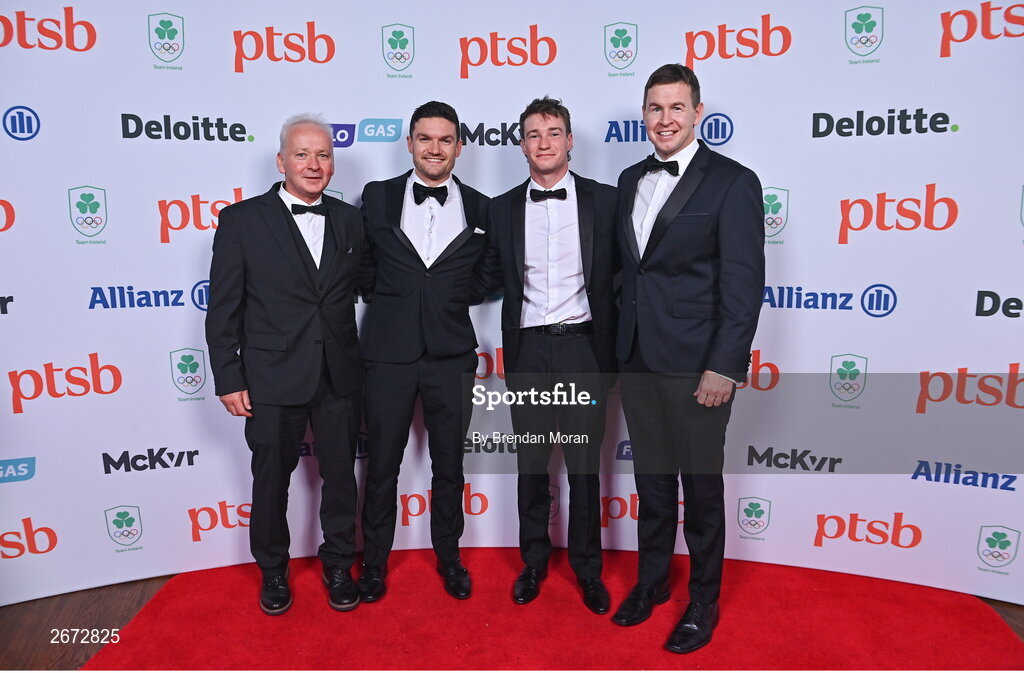 11 November 2023; Canoeing representatives, from left, Colm Ryan, Sam Curtis, Noel Hendrick and Eoin Rheinisch in attendance at the Team Ireland Olympic Ball at the Mansion House in Dublin. The event was a joint celebration of the brilliant performances of Team Ireland athletes at the European Games this summer, as well as the announcement of the winners of the Olympic Federation of Ireland Annual Awards. The event was attended by the Minister for Tourism, Culture, Arts, Gaeltacht, Sport and Media, Catherine Martin TD, Minister of State for Sport and Physical Education, Thomas Byrne TD, Olympic medallists, European Games athletes, Team Ireland Sponsors and Partners, Sport Ireland and the wider Olympic family. Photo by Brendan Moran/Sportsfile