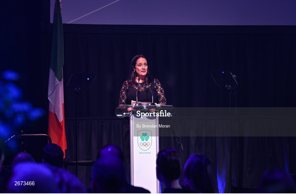 11 November 2023; Minister for Tourism, Culture, Arts, Gaeltacht, Sport and Media Catherine Martin TD speaking during the Team Ireland Olympic Ball at the Mansion House in Dublin. The event was a joint celebration of the brilliant performances of Team Ireland athletes at the European Games this summer, as well as the announcement of the winners of the Olympic Federation of Ireland Annual Awards. The event was attended by the Minister for Tourism, Culture, Arts, Gaeltacht, Sport and Media, Catherine Martin TD, Minister of State for Sport and Physical Education, Thomas Byrne TD, Olympic medallists, European Games athletes, Team Ireland Sponsors and Partners, Sport Ireland and the wider Olympic family. Photo by Brendan Moran/Sportsfile