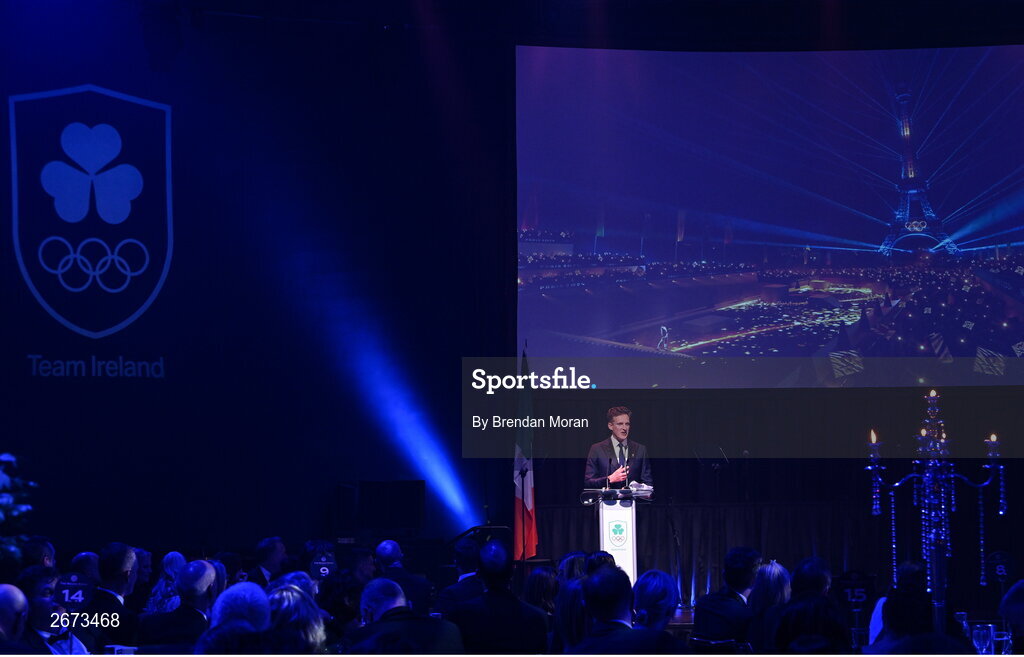 11 November 2023; Team Ireland 2024 Chef de Mission Gavin Noble speaking during the Team Ireland Olympic Ball at the Mansion House in Dublin. The event was a joint celebration of the brilliant performances of Team Ireland athletes at the European Games this summer, as well as the announcement of the winners of the Olympic Federation of Ireland Annual Awards. The event was attended by the Minister for Tourism, Culture, Arts, Gaeltacht, Sport and Media, Catherine Martin TD, Minister of State for Sport and Physical Education, Thomas Byrne TD, Olympic medallists, European Games athletes, Team Ireland Sponsors and Partners, Sport Ireland and the wider Olympic family. Photo by Brendan Moran/Sportsfile