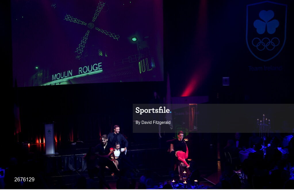 11 November 2023; Can Can dancers in attendance at the Team Ireland Olympic Ball at the Mansion House in Dublin. The event was a joint celebration of the brilliant performances of Team Ireland athletes at the European Games this summer, as well as the announcement of the winners of the Olympic Federation of Ireland Annual Awards. The event was attended by the Minister for Tourism, Culture, Arts, Gaeltacht, Sport and Media, Catherine Martin TD, Minister of State for Sport and Physical Education, Thomas Byrne TD, Olympic medallists, European Games athletes, Team Ireland Sponsors and Partners, Sport Ireland and the wider Olympic family. Photo by David Fitzgerald/Sportsfile