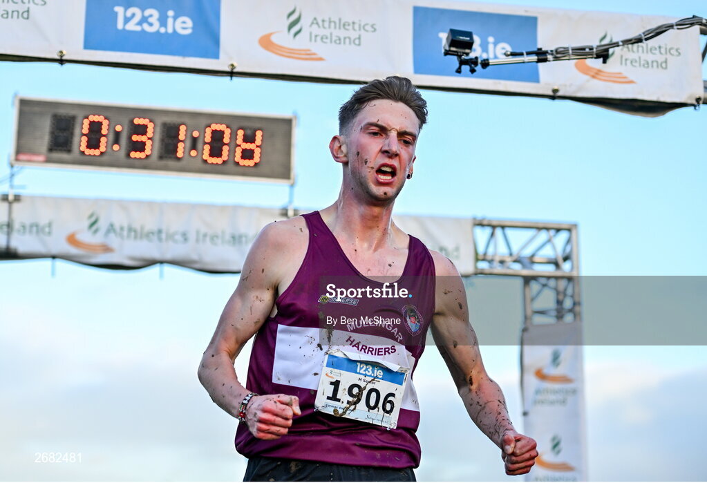 19 November 2023; Cormac Dalton of Mullingar Harriers AC, Westmeath, celebrates on his way to winning the Mens Senior 9000m during the 123.ie National Senior & Even Age Cross Country Championships at Gowran Demesne in Kilkenny. Photo by Ben McShane/Sportsfile