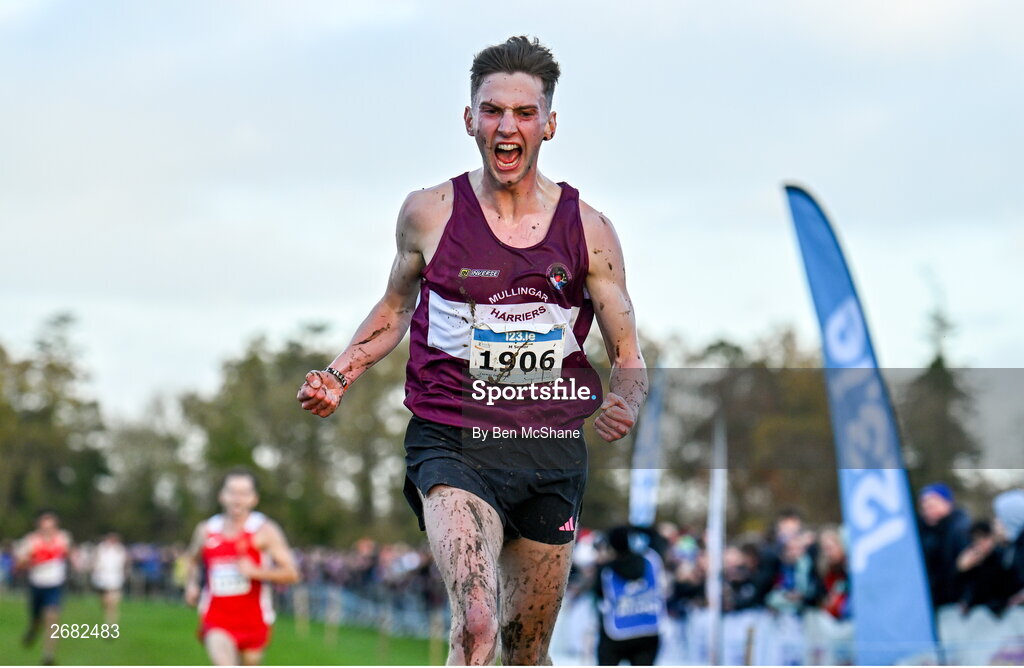 19 November 2023; Cormac Dalton of Mullingar Harriers AC, Westmeath, celebrates on his way to winning the Mens Senior 9000m during the 123.ie National Senior & Even Age Cross Country Championships at Gowran Demesne in Kilkenny. Photo by Ben McShane/Sportsfile