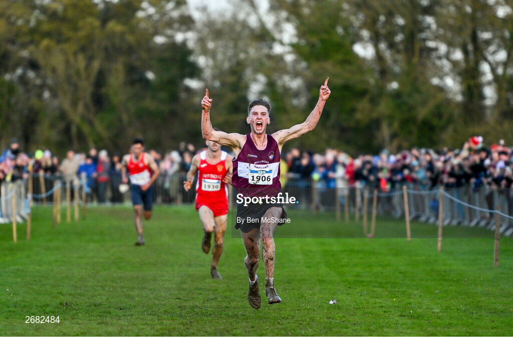 19 November 2023; Cormac Dalton of Mullingar Harriers AC, Westmeath, celebrates on his way to winning the Mens Senior 9000m during the 123.ie National Senior & Even Age Cross Country Championships at Gowran Demesne in Kilkenny. Photo by Ben McShane/Sportsfile