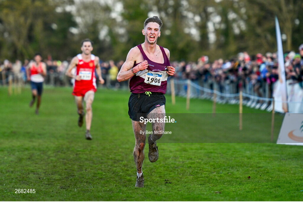 19 November 2023; Cormac Dalton of Mullingar Harriers AC, Westmeath, celebrates on his way to winning the Mens Senior 9000m during the 123.ie National Senior & Even Age Cross Country Championships at Gowran Demesne in Kilkenny. Photo by Ben McShane/Sportsfile