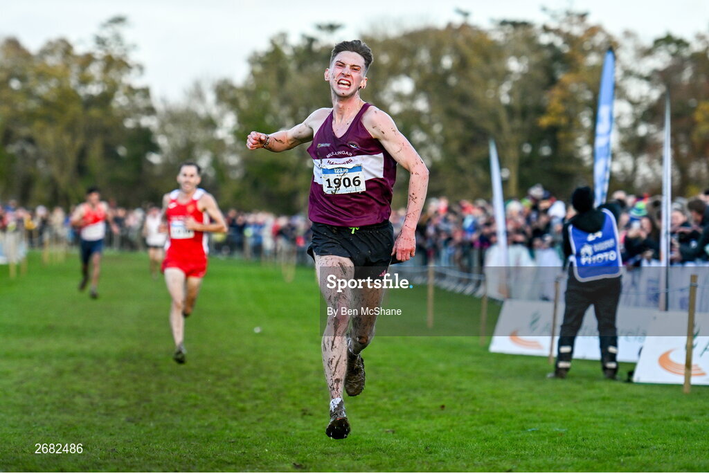 19 November 2023; Cormac Dalton of Mullingar Harriers AC, Westmeath, celebrates on his way to winning the Mens Senior 9000m during the 123.ie National Senior & Even Age Cross Country Championships at Gowran Demesne in Kilkenny. Photo by Ben McShane/Sportsfile