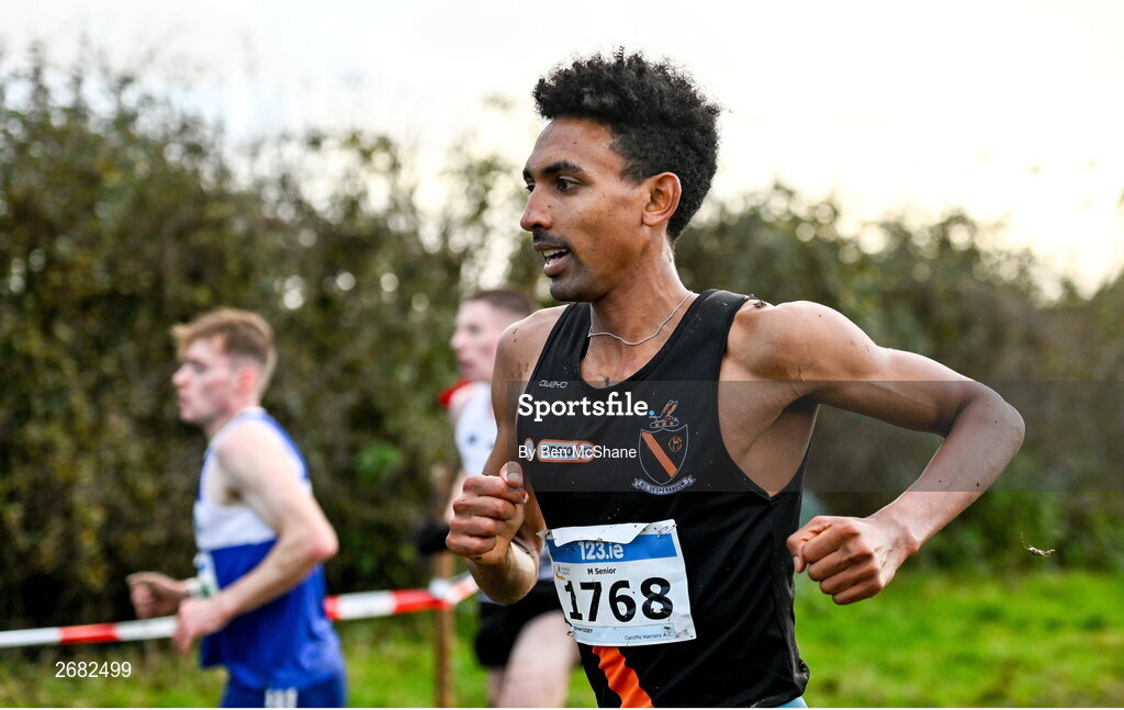 19 November 2023; Efrem Gidey of Clonliffe Harriers AC, Dublin, competing in the Mens Senior 9000m during the 123.ie National Senior & Even Age Cross Country Championships at Gowran Demesne in Kilkenny. Photo by Ben McShane/Sportsfile