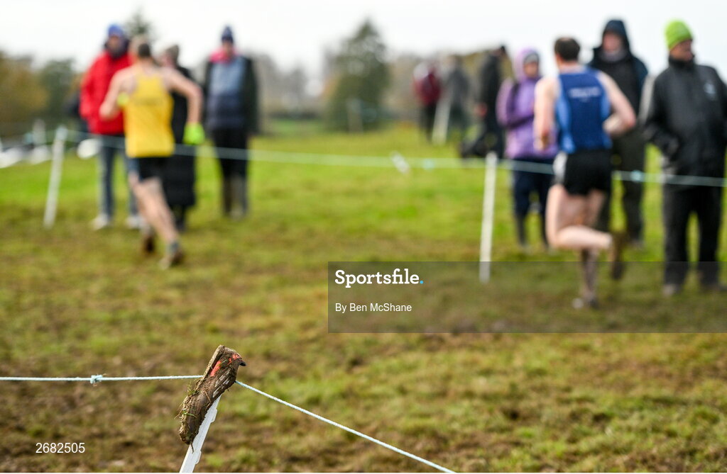 19 November 2023; A running shoe hangs on a stake during the 123.ie National Senior & Even Age Cross Country Championships at Gowran Demesne in Kilkenny. Photo by Ben McShane/Sportsfile