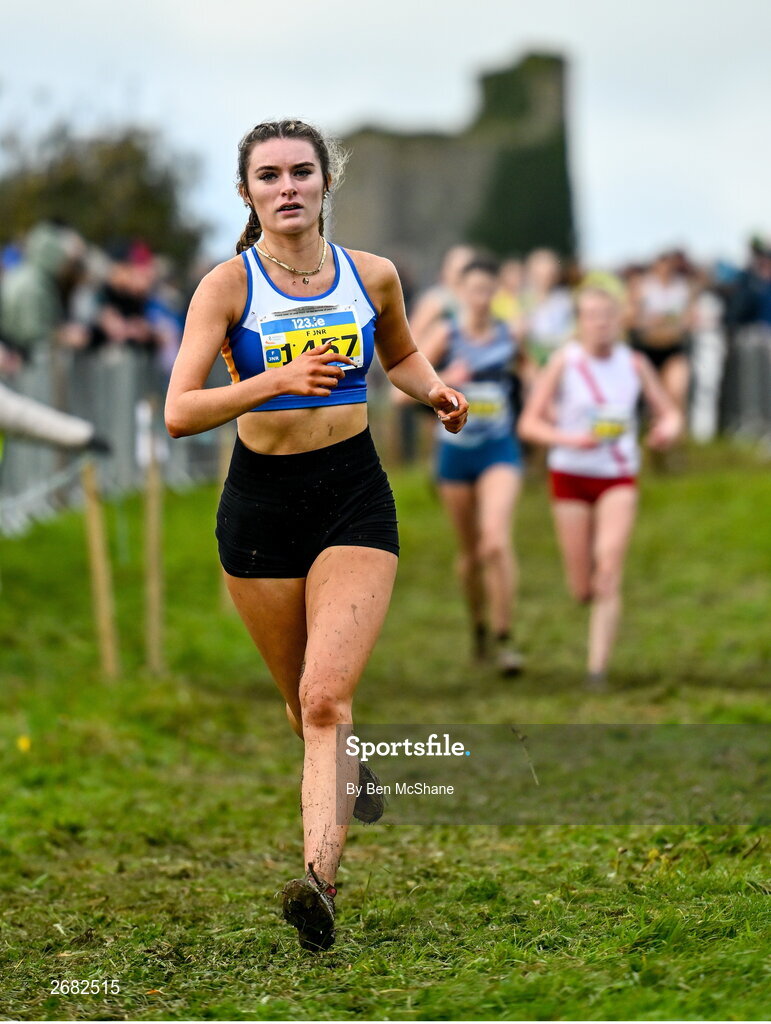19 November 2023; Kayla Ryan of Ratoath AC, Dublin, competing in the Womens U18 & Junior 5000m during the 123.ie National Senior & Even Age Cross Country Championships at Gowran Demesne in Kilkenny. Photo by Ben McShane/Sportsfile