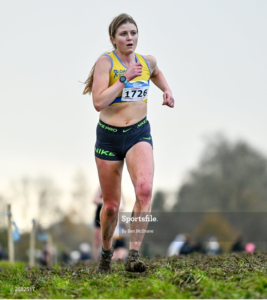 19 November 2023; Rachel Gibson of North Down AC, Down, competing in the Womens Senior 9000m during the 123.ie National Senior & Even Age Cross Country Championships at Gowran Demesne in Kilkenny. Photo by Ben McShane/Sportsfile