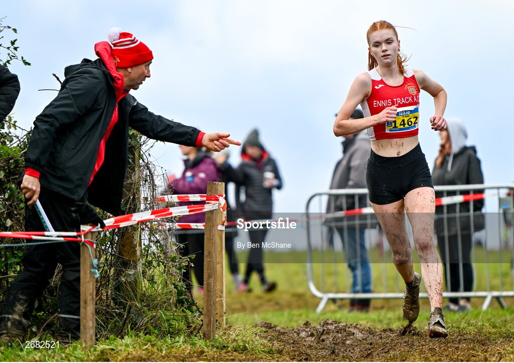 19 November 2023; Michelle Healy of Ennis Track AC, Clare, competing in the Womens U18 & Junior 5000m  during the 123.ie National Senior & Even Age Cross Country Championships at Gowran Demesne in Kilkenny. Photo by Ben McShane/Sportsfile