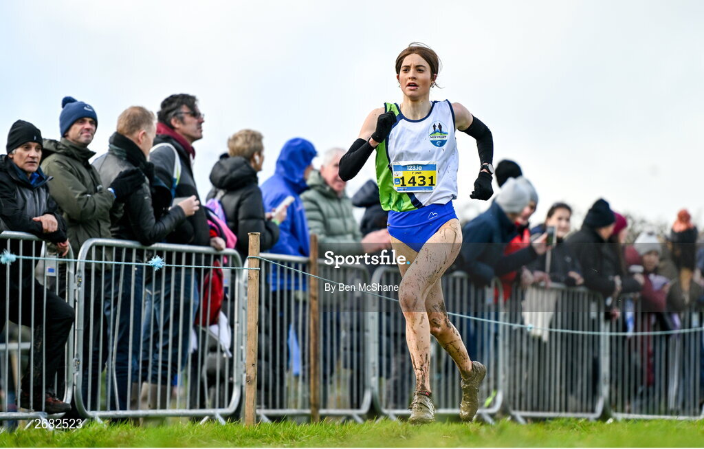 19 November 2023; Kirsty Maher of Moy Valley AC, Mayo, competing in the Womens U18 & Junior 5000m during the 123.ie National Senior & Even Age Cross Country Championships at Gowran Demesne in Kilkenny. Photo by Ben McShane/Sportsfile