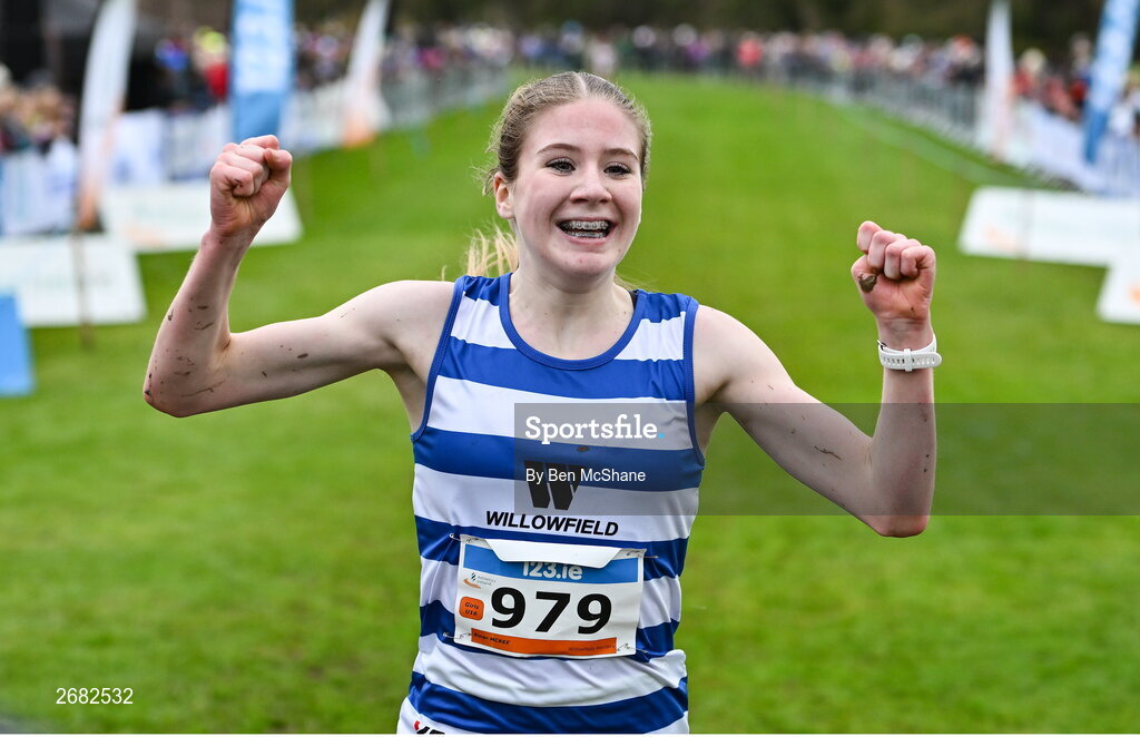 19 November 2023; Emer McKee of Willowfield Harriers, Antrim, celebrates on her way to winning the Girls U16 5000m during the 123.ie National Senior & Even Age Cross Country Championships at Gowran Demesne in Kilkenny. Photo by Ben McShane/Sportsfile