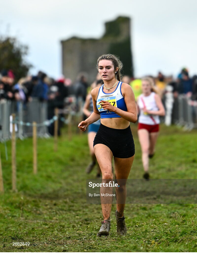 19 November 2023; Kayla Ryan of Ratoath AC, Dublin, competing in the Womens U18 & Junior 5000m during the 123.ie National Senior & Even Age Cross Country Championships at Gowran Demesne in Kilkenny. Photo by Ben McShane/Sportsfile