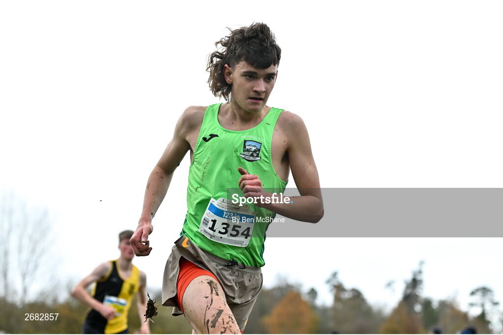 19 November 2023; Noah Harris of Parnell AC, Wicklow, competing in the Boys U18 5000m during the 123.ie National Senior & Even Age Cross Country Championships at Gowran Demesne in Kilkenny. Photo by Ben McShane/Sportsfile