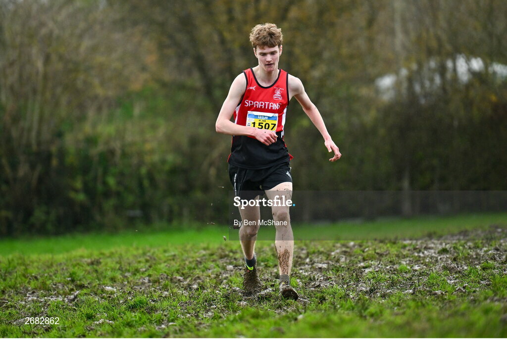19 November 2023; Seamus Robinson of City of Derry AC Spartans, Derry, competing in the Mens U18 & Junior 5000m  competing in the Mens U18 & Junior 5000m during the 123.ie National Senior & Even Age Cross Country Championships at Gowran Demesne in Kilkenny. Photo by Ben McShane/Sportsfile
