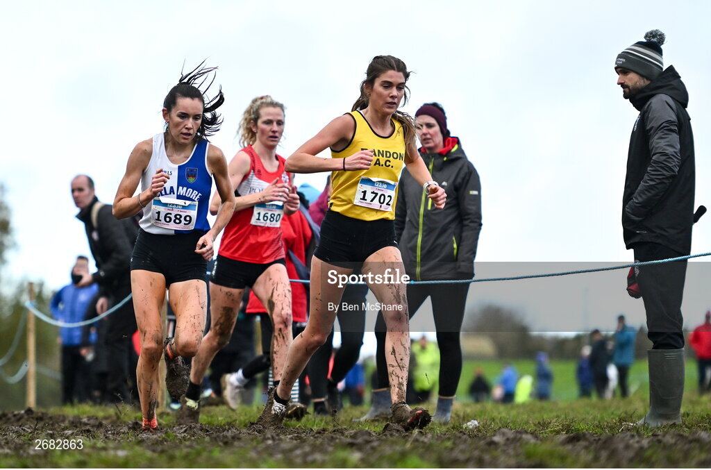 19 November 2023; Fiona Everard of Bandon AC, Cork, right, and Danielle Donegan of Tullamore Harriers AC, Offaly, competing in the Womens Senior 9000m during the 123.ie National Senior & Even Age Cross Country Championships at Gowran Demesne in Kilkenny. Photo by Ben McShane/Sportsfile