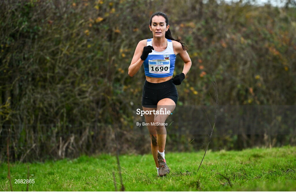 19 November 2023; Nadine Donegan of Tullamore Harriers AC, Offaly, competing in the Womens Senior 9000m during the 123.ie National Senior & Even Age Cross Country Championships at Gowran Demesne in Kilkenny. Photo by Ben McShane/Sportsfile