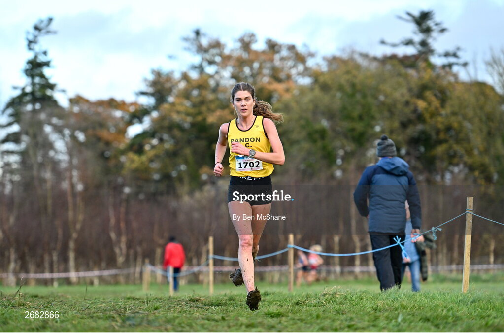 19 November 2023; Fiona Everard of Bandon AC, Cork, competing in the Womens Senior 9000m during the 123.ie National Senior & Even Age Cross Country Championships at Gowran Demesne in Kilkenny. Photo by Ben McShane/Sportsfile