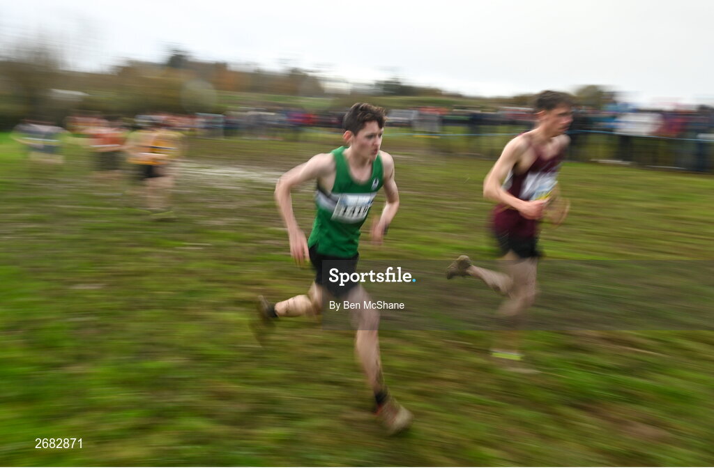 19 November 2023; John Hanley of Monaghan Phoenix AC, Monaghan, competing in the Boys U18 5000m during the 123.ie National Senior & Even Age Cross Country Championships at Gowran Demesne in Kilkenny. Photo by Ben McShane/Sportsfile