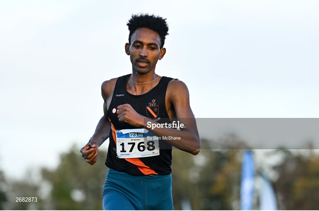 19 November 2023; Efrem Gidey of Clonliffe Harriers AC, Dublin, competing in the Mens Senior 9000m during the 123.ie National Senior & Even Age Cross Country Championships at Gowran Demesne in Kilkenny. Photo by Ben McShane/Sportsfile