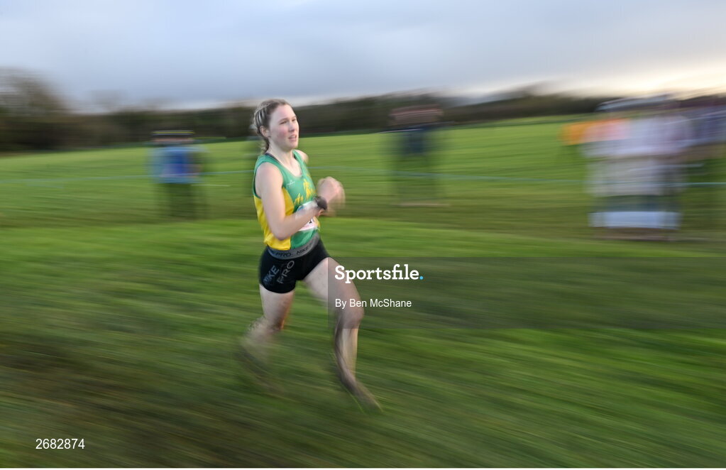 19 November 2023; Amy Pollman Daamen of An Ríocht AC, Kerry, competing in the Womens U23 9000m during the 123.ie National Senior & Even Age Cross Country Championships at Gowran Demesne in Kilkenny. Photo by Ben McShane/Sportsfile
