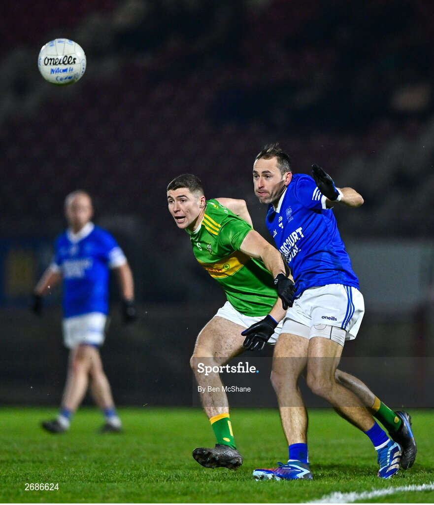 25 November 2023; AJ Gallagher of Naomh Conaill in action against Ciaran McFaul of Glen during the AIB Ulster GAA Football Senior Club Championship semi-final match between Glen, Derry, and Naomh Conaill, Donegal, at Healy Park in Omagh, Tyrone. Photo by Ben McShane/Sportsfile