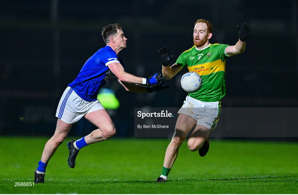25 November 2023; Ciaran Thompson of Naomh Conaill in action against Conor Glass of Glen during the AIB Ulster GAA Football Senior Club Championship semi-final match between Glen, Derry, and Naomh Conaill, Donegal, at Healy Park in Omagh, Tyrone. Photo by Ben McShane/Sportsfile