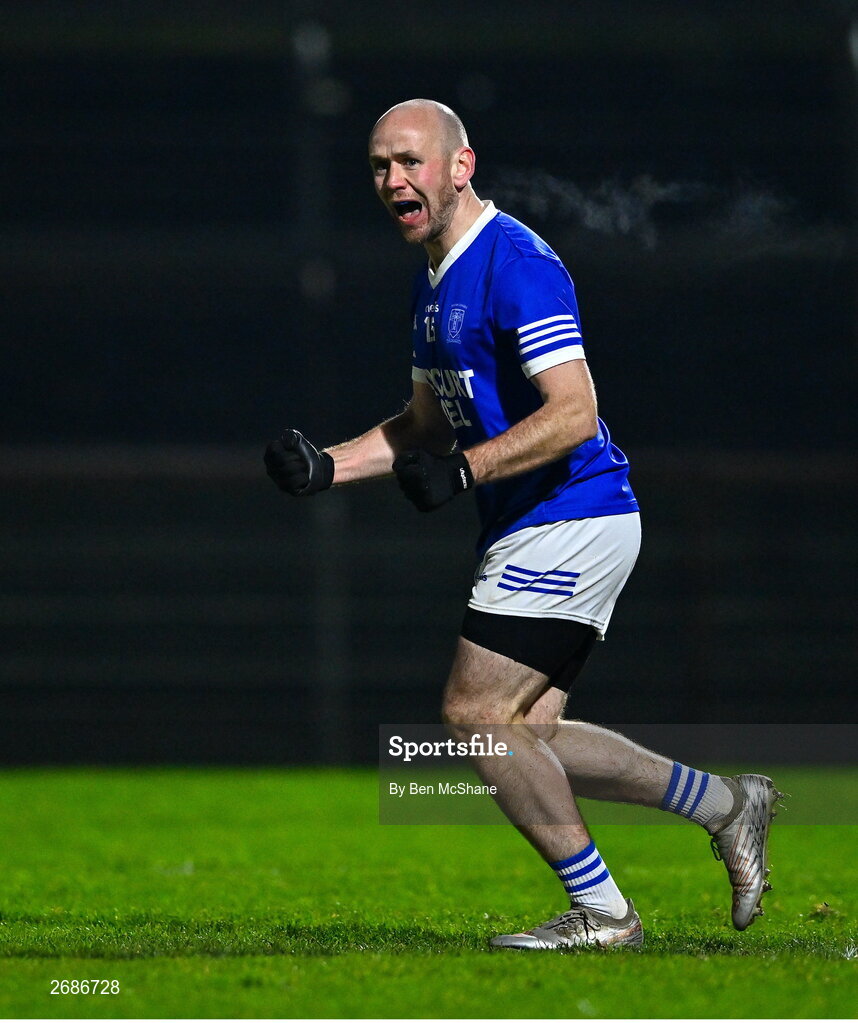 25 November 2023; John O'Malley of Naomh Conaill celebrates after scoring his side's first goal, a penalty, during the AIB Ulster GAA Football Senior Club Championship semi-final match between Glen, Derry, and Naomh Conaill, Donegal, at Healy Park in Omagh, Tyrone. Photo by Ben McShane/Sportsfile