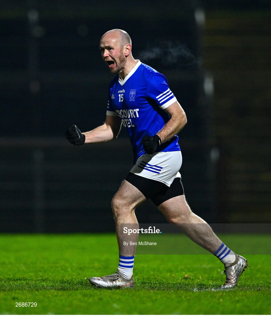 25 November 2023; John O'Malley of Naomh Conaill celebrates after scoring his side's first goal, a penalty, during the AIB Ulster GAA Football Senior Club Championship semi-final match between Glen, Derry, and Naomh Conaill, Donegal, at Healy Park in Omagh, Tyrone. Photo by Ben McShane/Sportsfile
