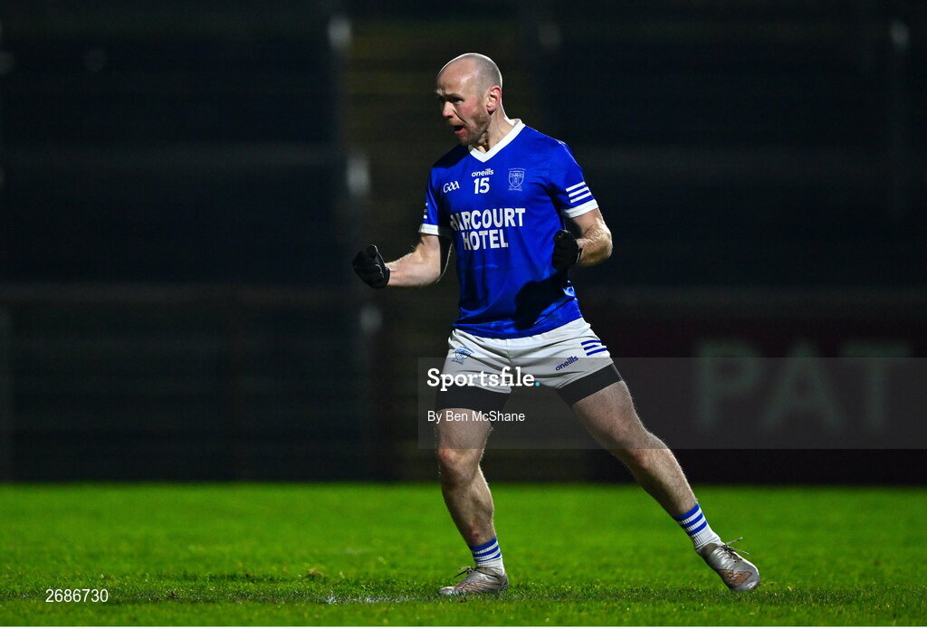 25 November 2023; John O'Malley of Naomh Conaill celebrates after scoring his side's first goal, a penalty, during the AIB Ulster GAA Football Senior Club Championship semi-final match between Glen, Derry, and Naomh Conaill, Donegal, at Healy Park in Omagh, Tyrone. Photo by Ben McShane/Sportsfile