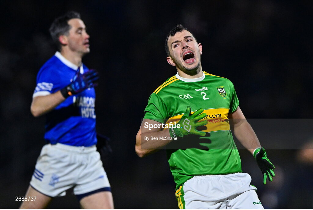 25 November 2023; Michael Warnock of Glen reacts after a missed kick for a point during the AIB Ulster GAA Football Senior Club Championship semi-final match between Glen, Derry, and Naomh Conaill, Donegal, at Healy Park in Omagh, Tyrone. Photo by Ben McShane/Sportsfile