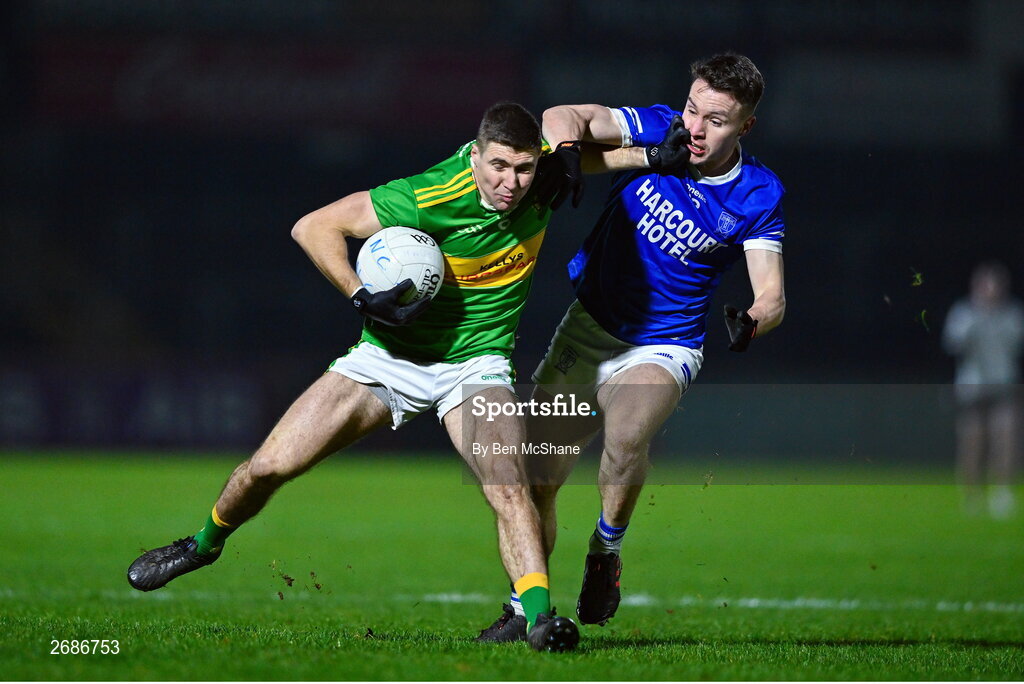 25 November 2023; Ciaran McFaul of Glen in action against Eunan Doherty of Naomh Conaill during the AIB Ulster GAA Football Senior Club Championship semi-final match between Glen, Derry, and Naomh Conaill, Donegal, at Healy Park in Omagh, Tyrone. Photo by Ben McShane/Sportsfile