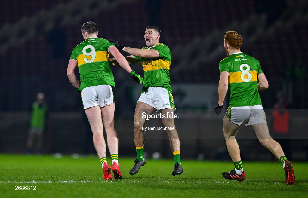 25 November 2023; Emmett Bradley of Glen, 9, celebrates with teammate Ciaran McFaul after scoring the match winning point during the AIB Ulster GAA Football Senior Club Championship semi-final match between Glen, Derry, and Naomh Conaill, Donegal, at Healy Park in Omagh, Tyrone. Photo by Ben McShane/Sportsfile