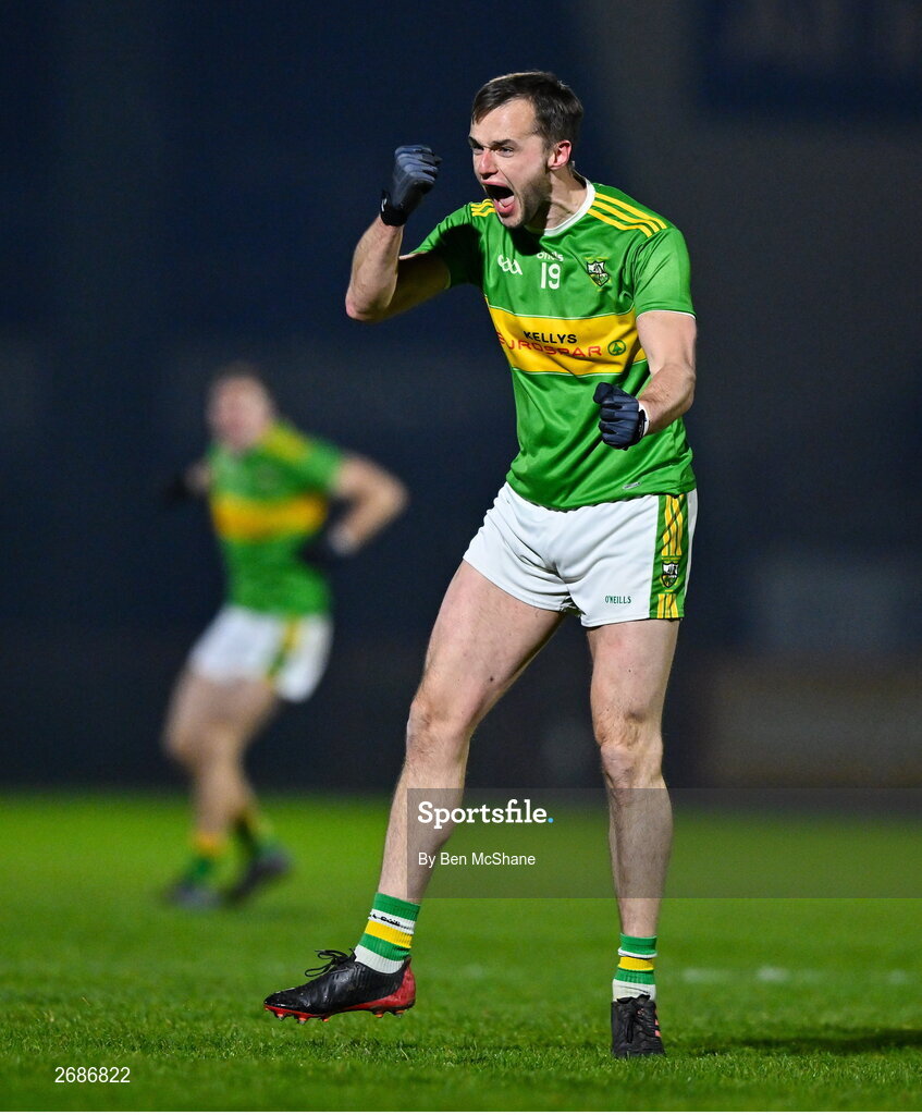25 November 2023; Stevie O'Hara of Glen celebrates at the final whistle of the AIB Ulster GAA Football Senior Club Championship semi-final match between Glen, Derry, and Naomh Conaill, Donegal, at Healy Park in Omagh, Tyrone. Photo by Ben McShane/Sportsfile